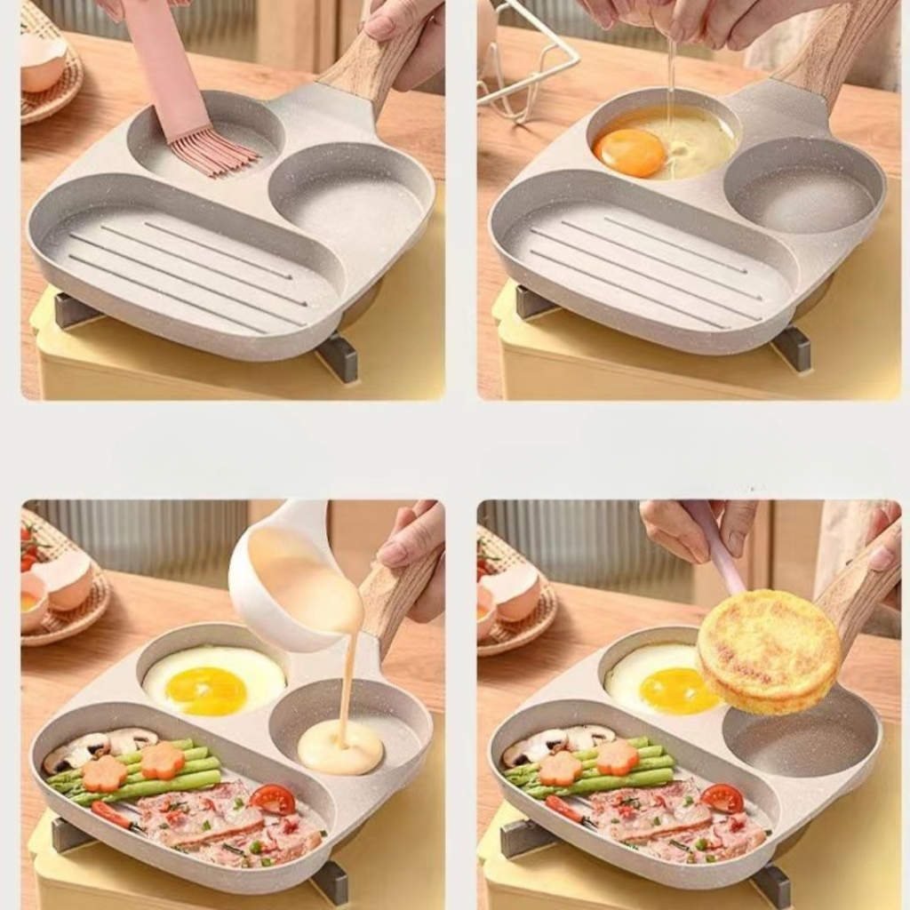 Frigideira Multifuncional 3 Buracos Para o Preparo De Ovos Hambúrguer Panela Antiaderente Com Alça