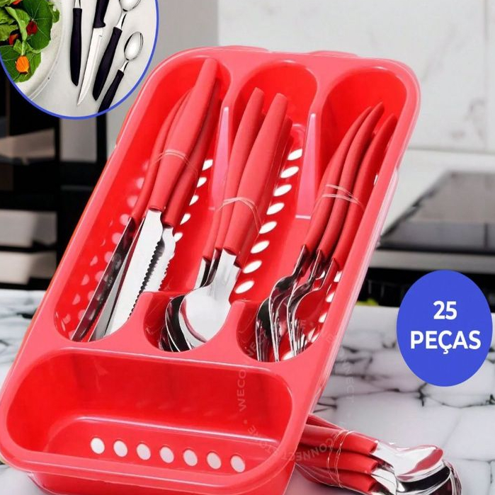 Jogo De Talheres 25 Peças Inox Conjunto Faqueiro Com Porta Garfos Facas E Colheres