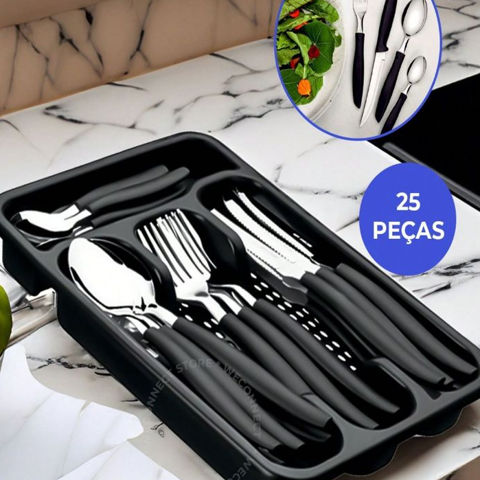 Jogo De Talheres 25 Peças Inox Conjunto Faqueiro Com Porta Garfos Facas E Colheres