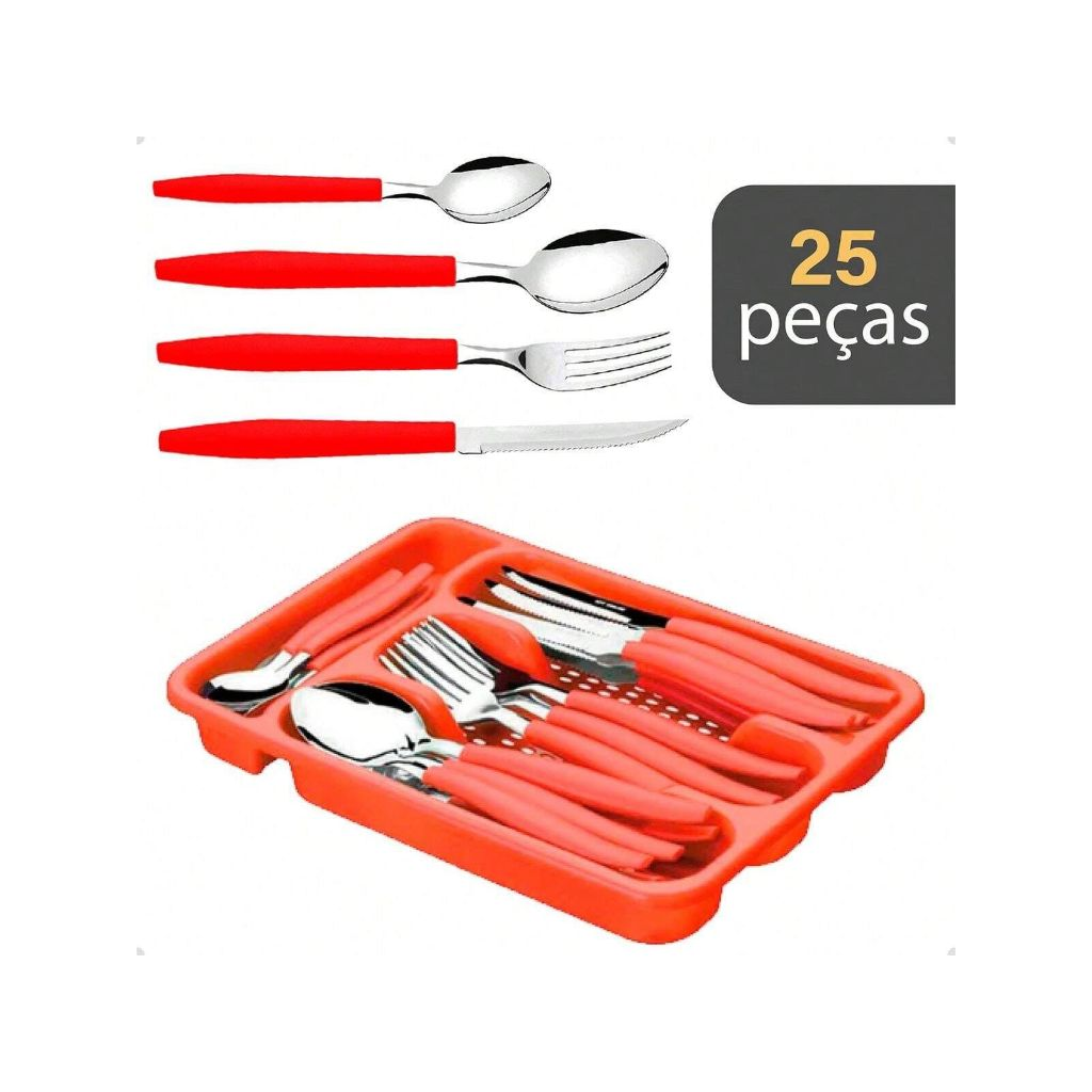 Jogo De Talheres 25 Peças Inox Conjunto Faqueiro Com Porta Garfos Facas E Colheres