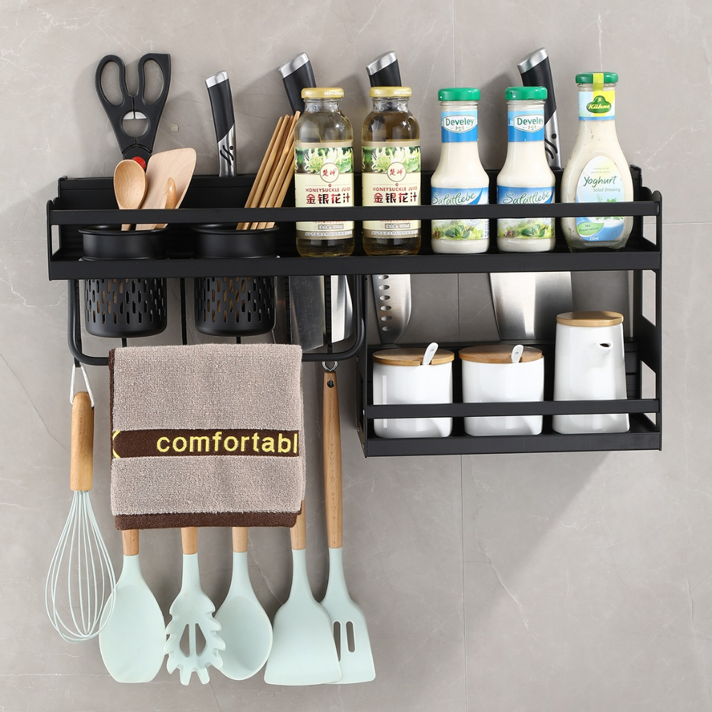 60 cm Prateleira Organizadora Multiuso Alumínio Cozinha Moderna Porta Tempero e Utensílios C/4 Porta-faca e 2 copos de armazenamento + 10 ganchos