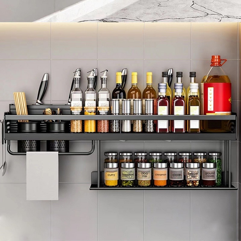 60 cm Prateleira Organizadora Multiuso Alumínio Cozinha Moderna Porta Tempero e Utensílios C/4 Porta-faca e 2 copos de armazenamento + 10 ganchos