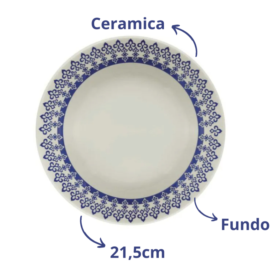 Jogo De Prato Fundo Grecia 06 peças Ceramica Oxfor Biona 21,5cm