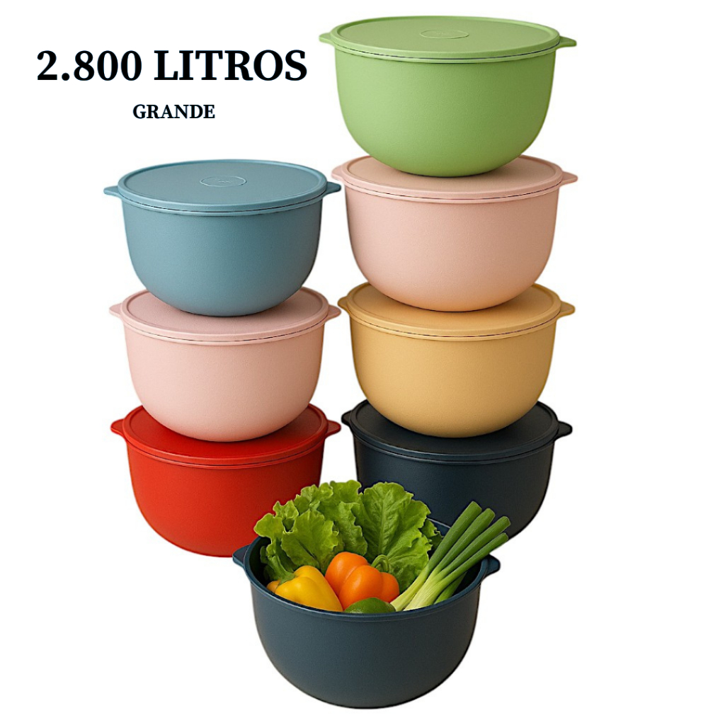Kit com 5 Potes Grandes 2.800ml Bowl Redondo para Armazenar e Congelar Alimentos
