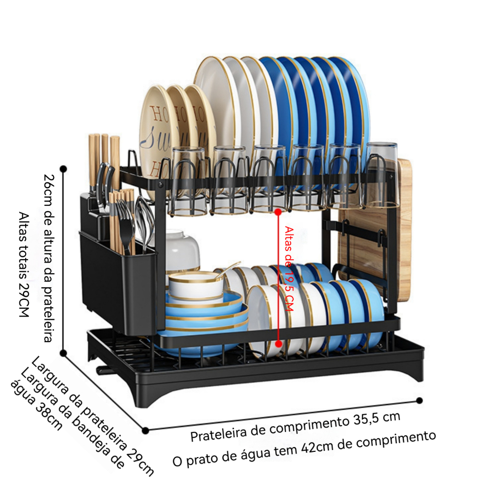Escorredor de Louças Inox suporte - Organizador de Cozinha Duplo Prático e Economiza Espaço
