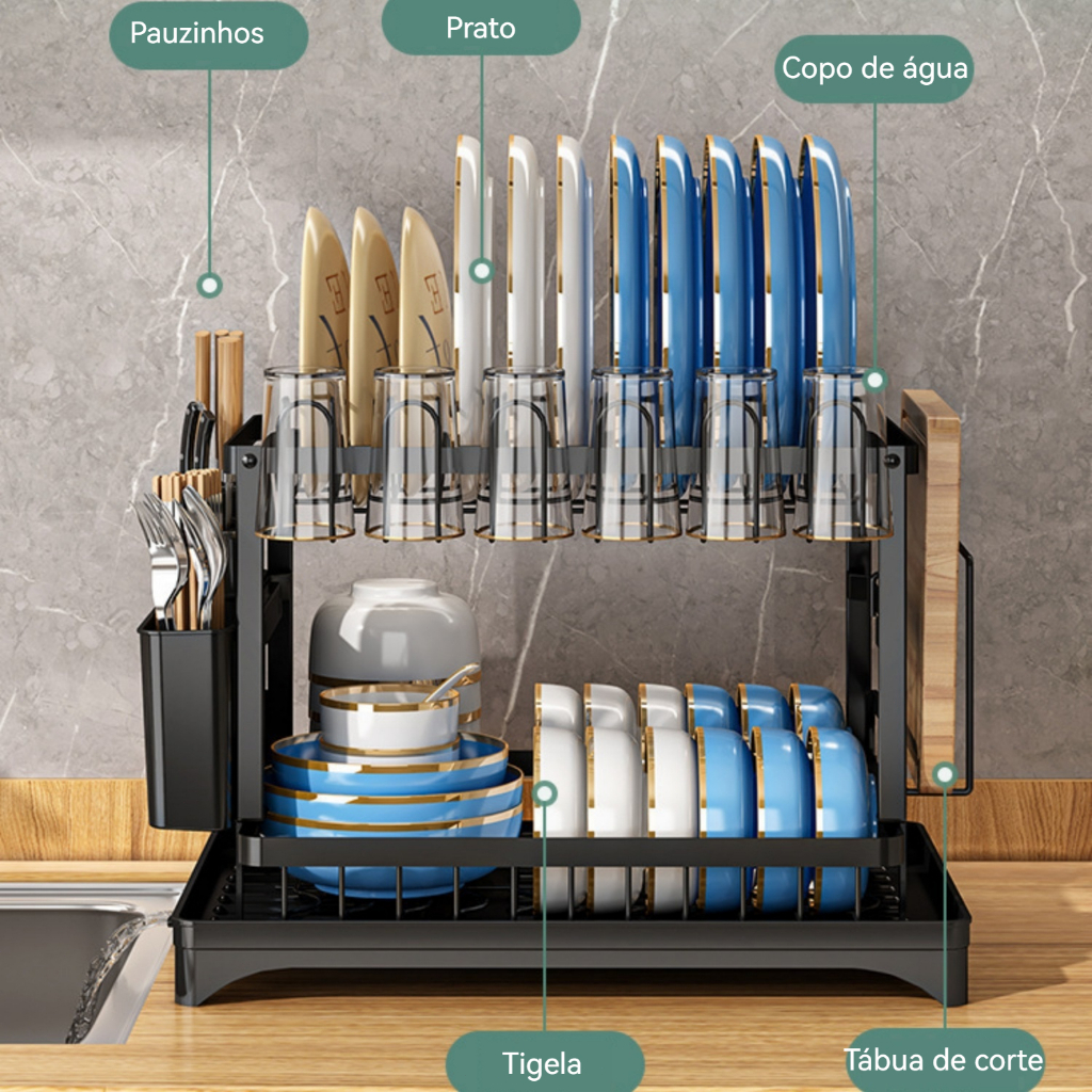 Escorredor de Louças Inox suporte - Organizador de Cozinha Duplo Prático e Economiza Espaço