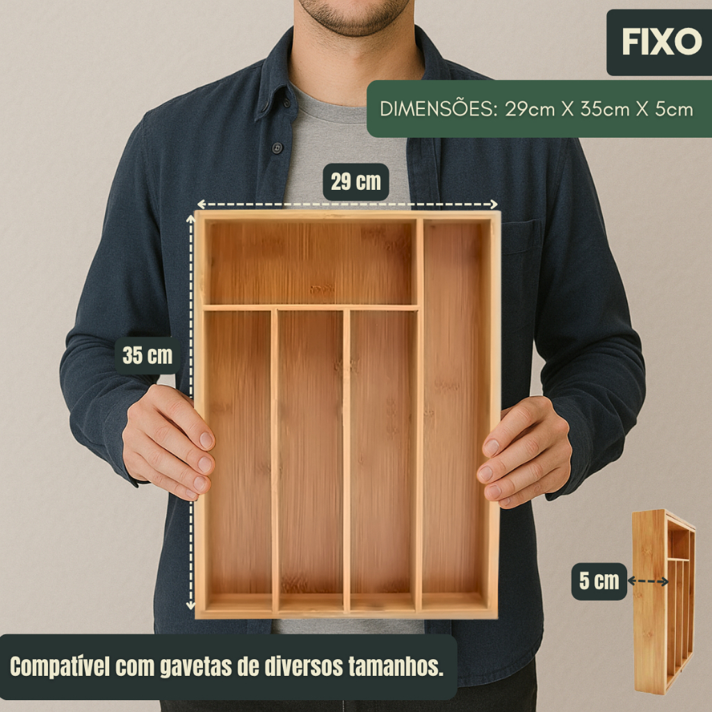 Organizador Gaveta Porta Talheres Bambu Antibacteriano Antiodor