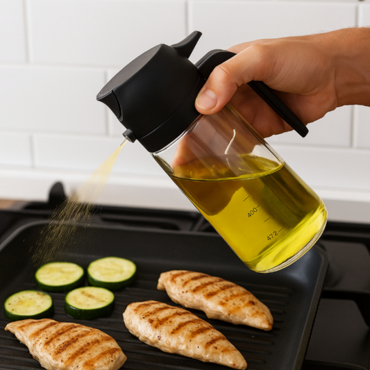 Dosador Borrifador Galheteiro Azeite Vinagre 470Ml Vidro Sortida Vidro Shoyu 2 em 1 Bico Dosador + Spray Pulverizador