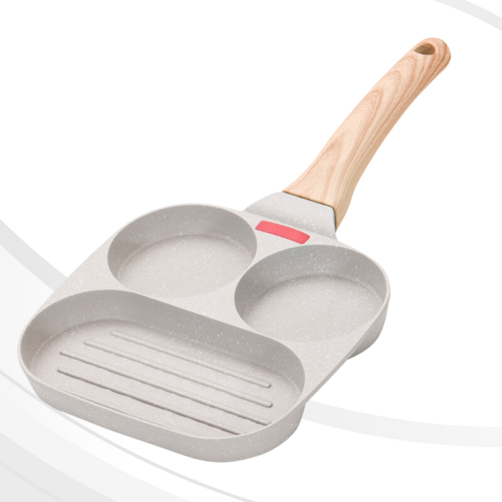 Frigideira Multifuncional 3 Buracos Para o Preparo De Ovos Hambúrguer Panela Antiaderente Com Alça