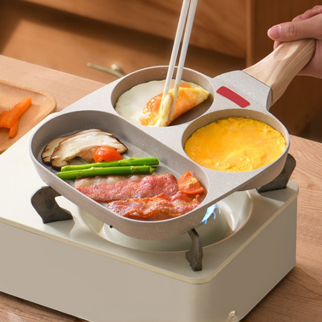 Frigideira Multifuncional 3 Buracos Para o Preparo De Ovos Hambúrguer Panela Antiaderente Com Alça