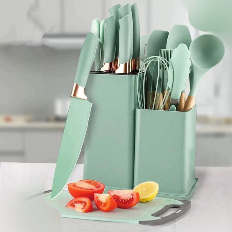 Kit Completo Jogo Utensílios de Cozinha Luxo 19 Peças Com Tábua em Silicone Espátula Faca Tesoura