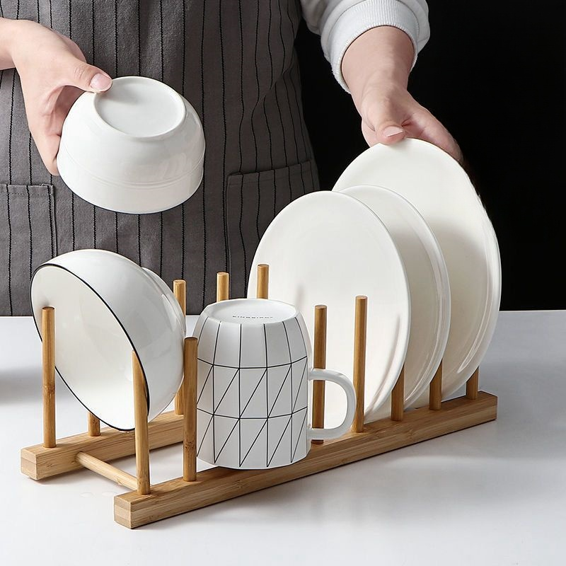 Promoção: Suporte Escorredor Porta Pratos De Bancada De Bambu 4 Divisorias 21cm x 13cm